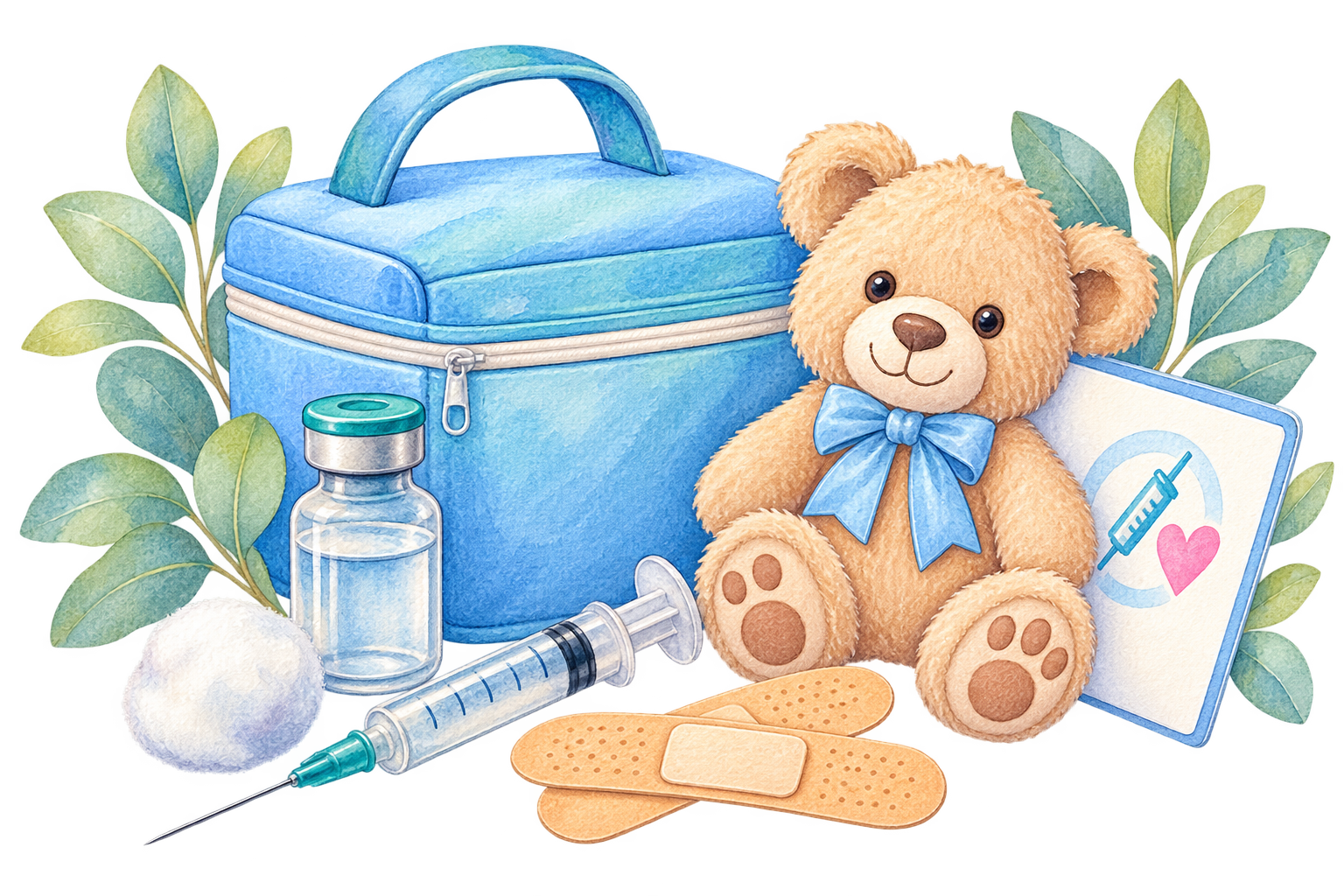 Watercolour still life of infant vaccination supplies with a teddy bear